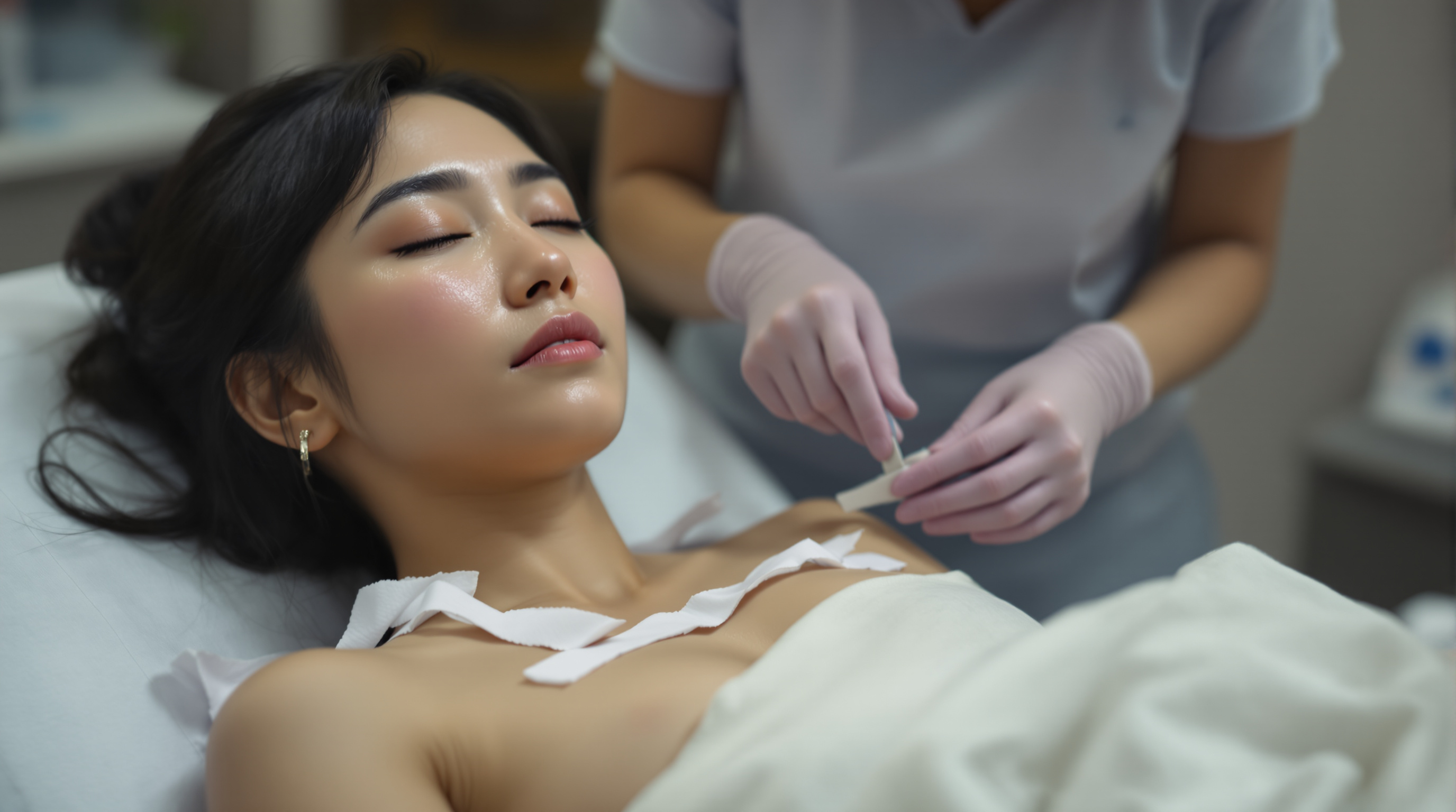 A clinician holding a body-contouring applicator during a non-surgical fat reduction session