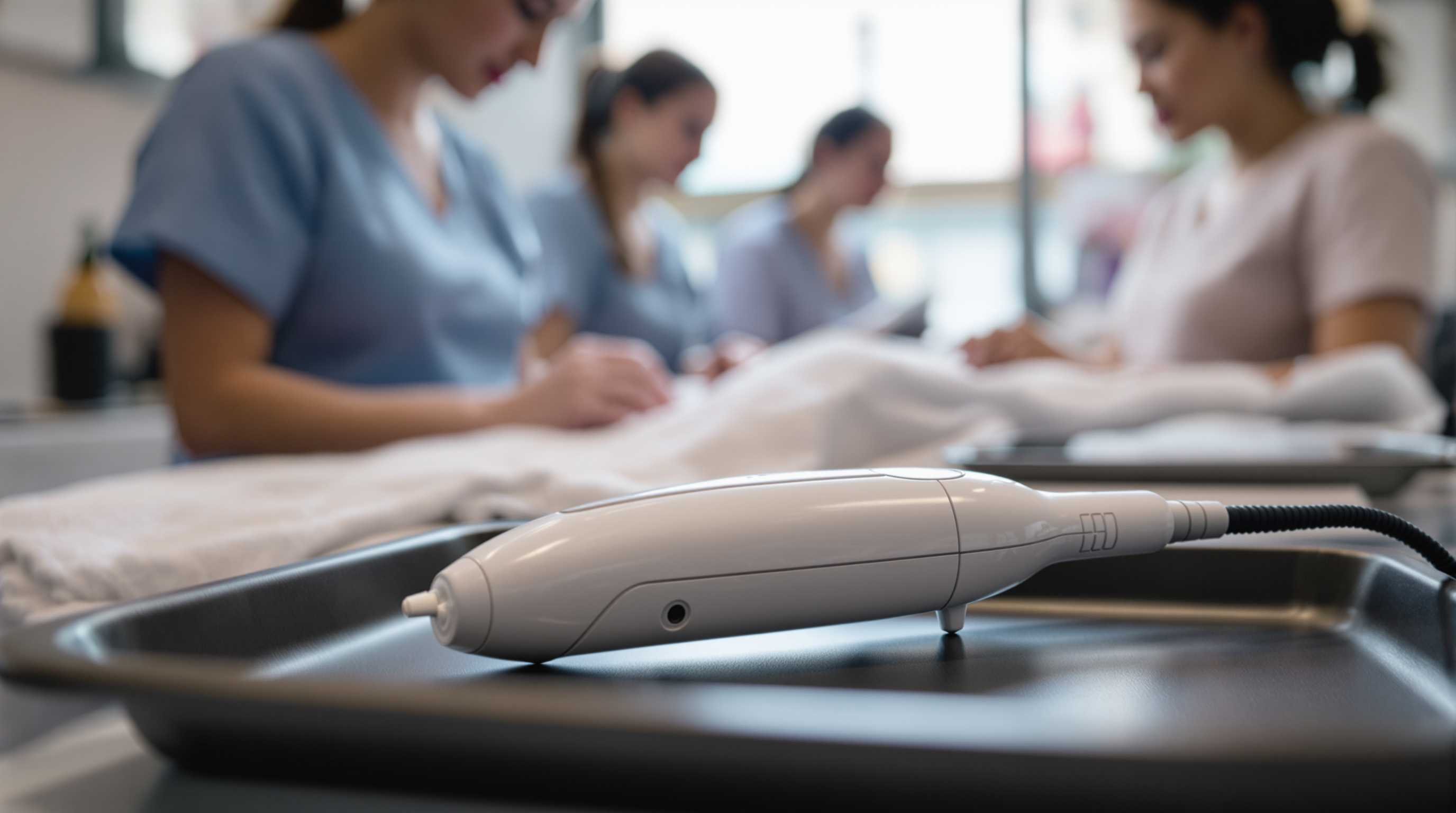 A calm consultation with a patient holding an open notebook and pen across a table from an aesthetic provider